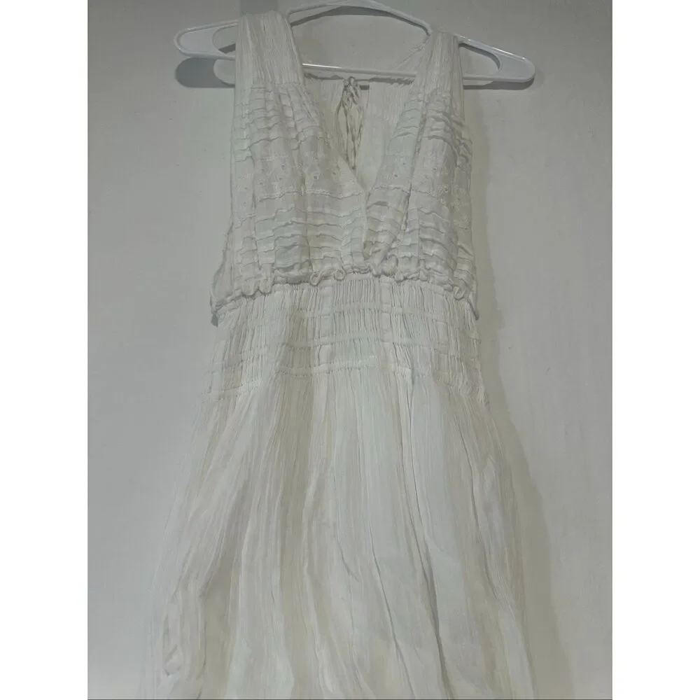 Free People FP One White Gauze Eyelet Smocked Plunge Maxi Dress Boho